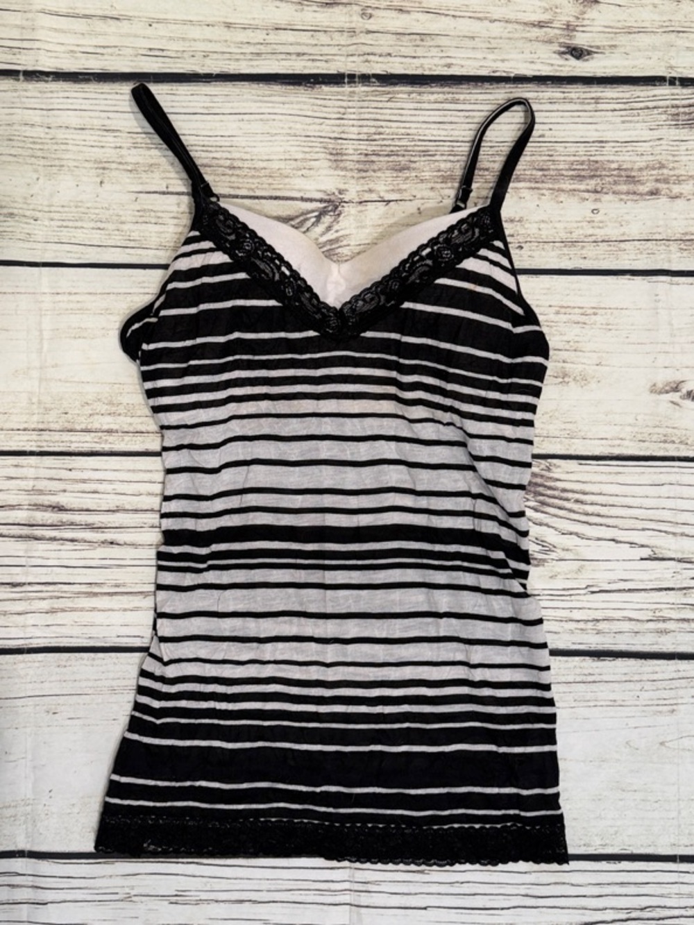 ♡ GLO Striped Black and White Lace-Trim Cami Tank Top Y2K M